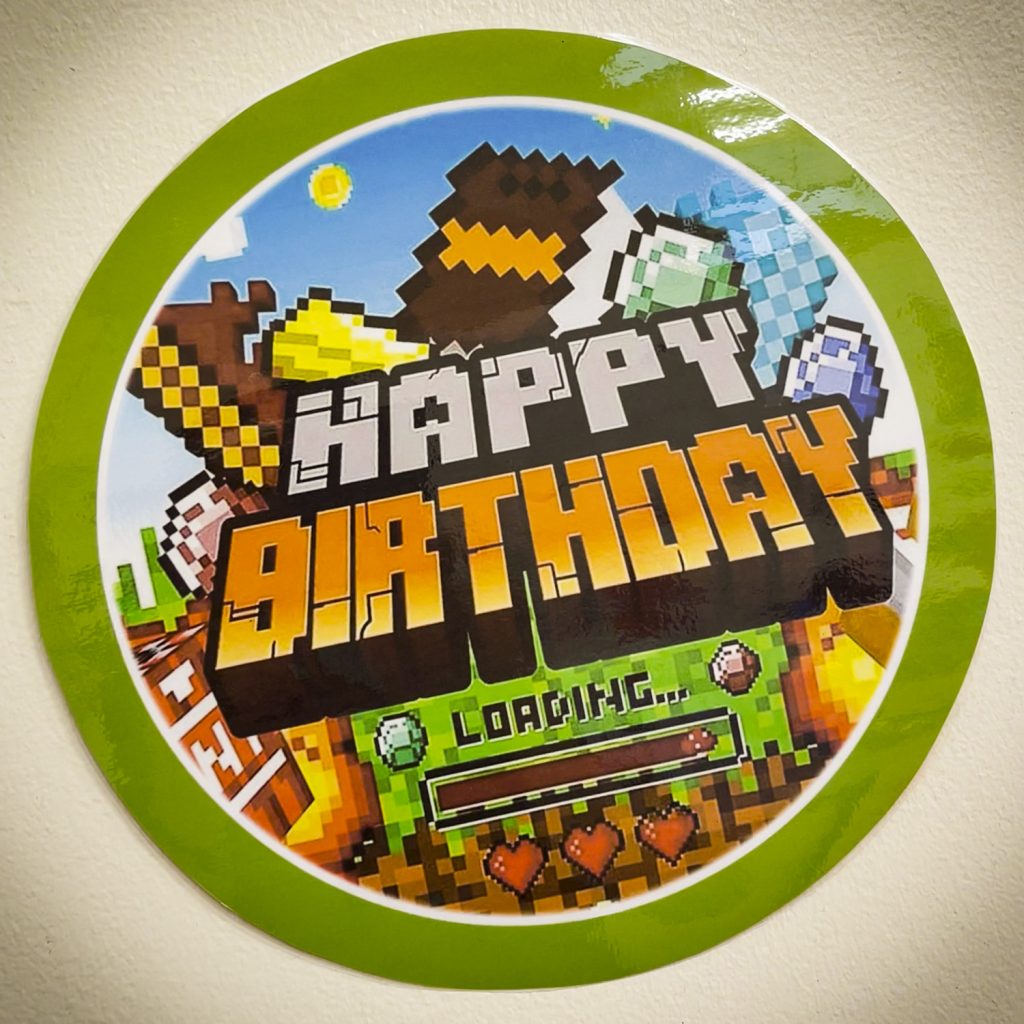 “Happy Birthday – Loading…” pixel sign for Minecraft themed party
