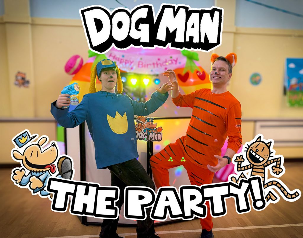 Dog Man and Petey the Cat entertainers leading a fun birthday party at Carnation Hall in Ascot Winkfield for children aged 4 to 7