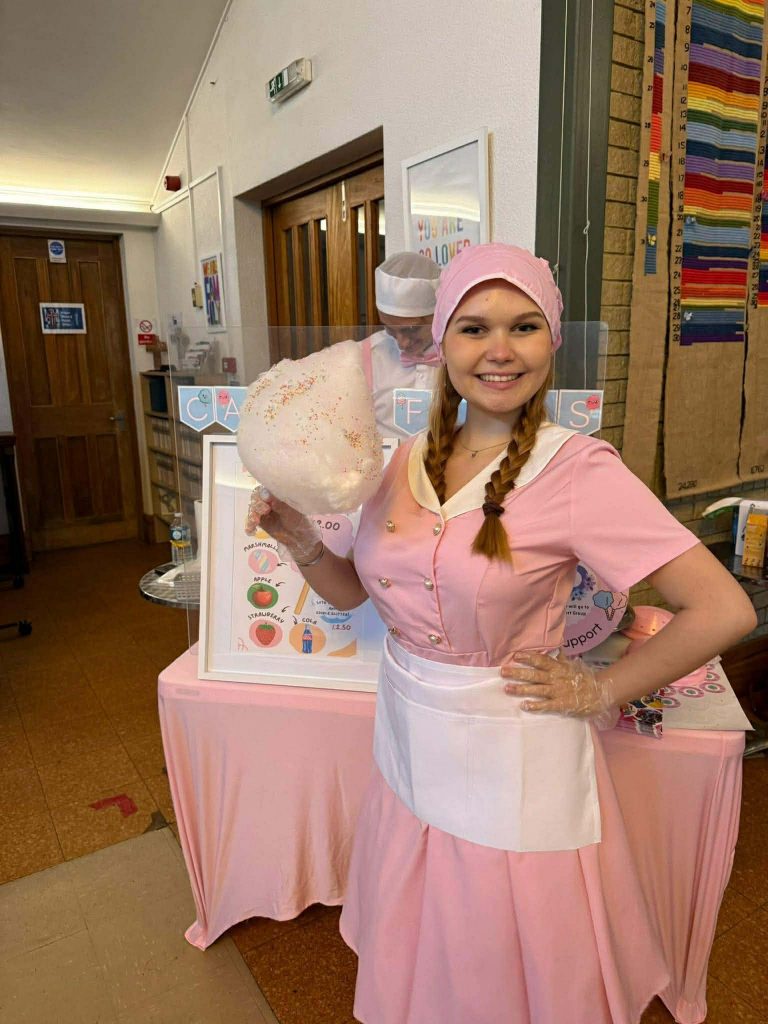 Candy floss hire for children’s birthday party with staff serving fresh candy floss, party add on in Camberley, Farnborough and surrounding areas