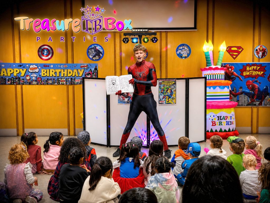 Superhero Party Entertainer for Children’s Birthday Parties in Surrey Hampshire Berkshire - Childrens Party Entertainers | Surrey Hampshire and Berkshire | Treasure Box Parties superhero birthday party entertainer performing for children in Farnborough Hampshire